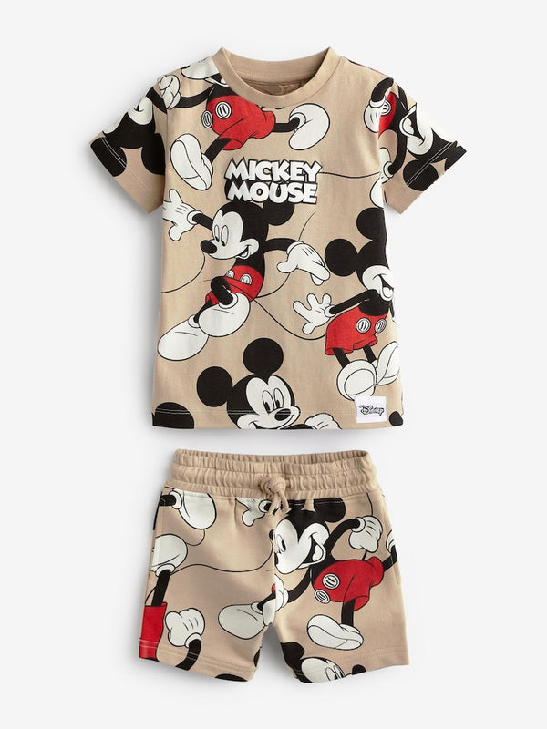 Neutral Tan Mickey Mouse All-Over Printed T-Shirt and Shorts License Set immediate