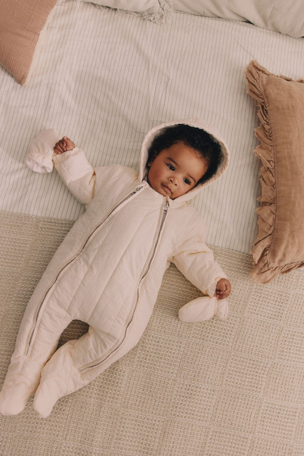 Cream Slogan Quilted Baby All-In-One pramsuit immediate