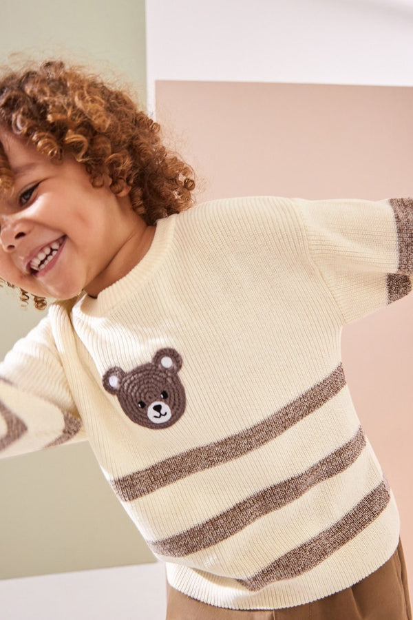 Ecru Cream/Brown Bear Stripe Knitted 100% Cotton Crew Neck Jumper