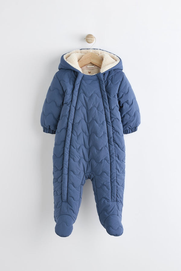 Navy Blue Baby Quilted Fleece Zip Lined Hooded All-In-One Pramsuit immediate