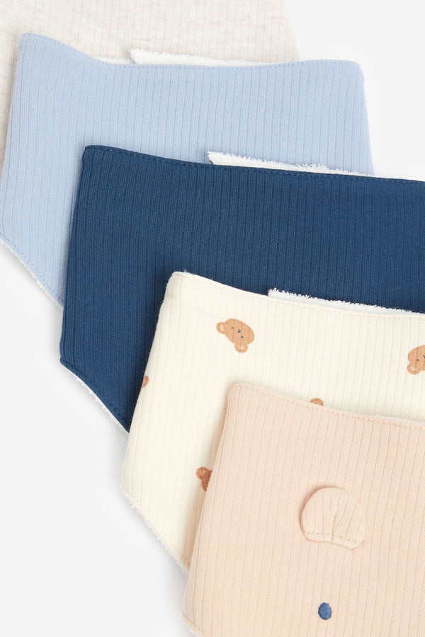 Navy Blue/Tan Brown Bear Baby 100% Cotton Bibs 5 Pack