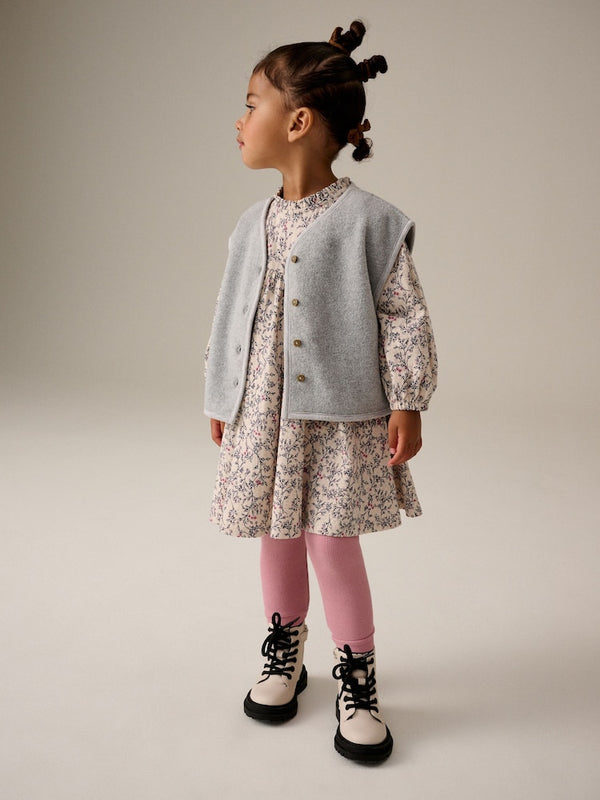 Grey Long Sleeve 100% Cotton Dress with Gilet and Leggings Set immediate