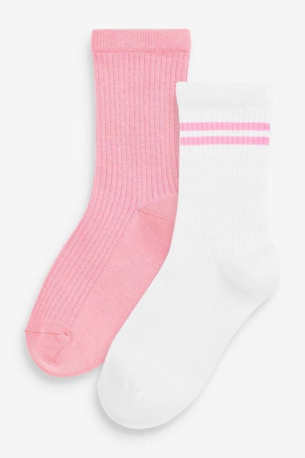 Pink and White 2 Pack Cotton Rich Ribbed Ankle Sport Socks