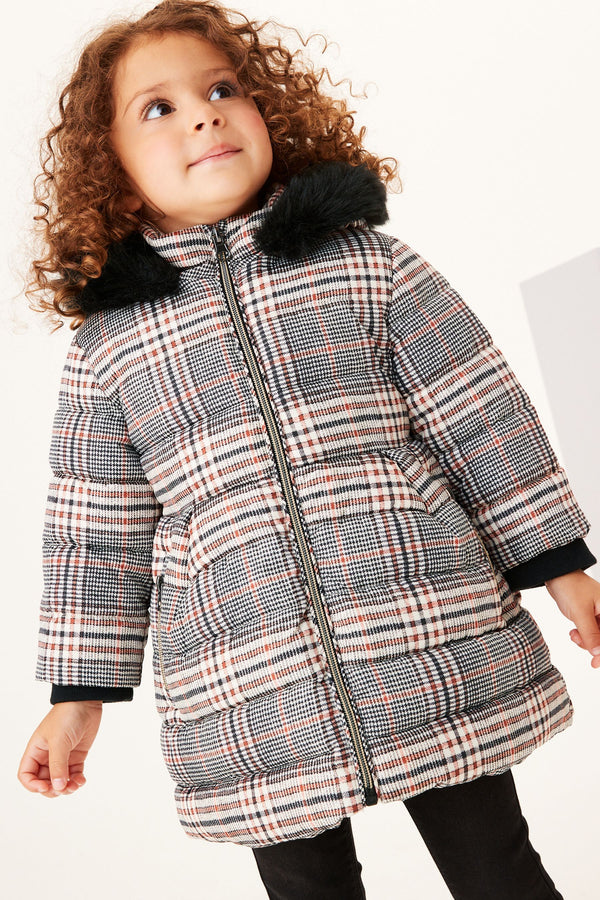 Black Shower Resistant Printed Check Padded Coat