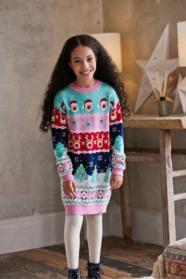 Copy Aqua Blue/Pink Matching Family Kids Knitted Christmas Jumper Dress