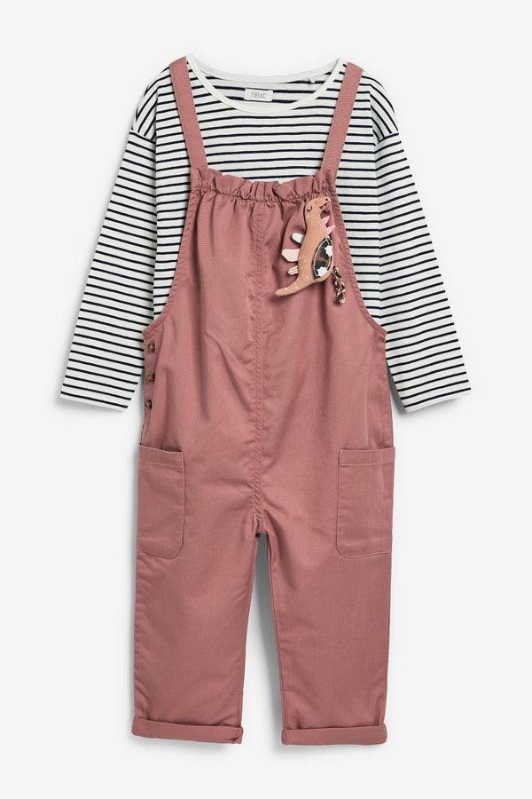 Rose Dinosaur Dungaree and Stripe T-shirt Set