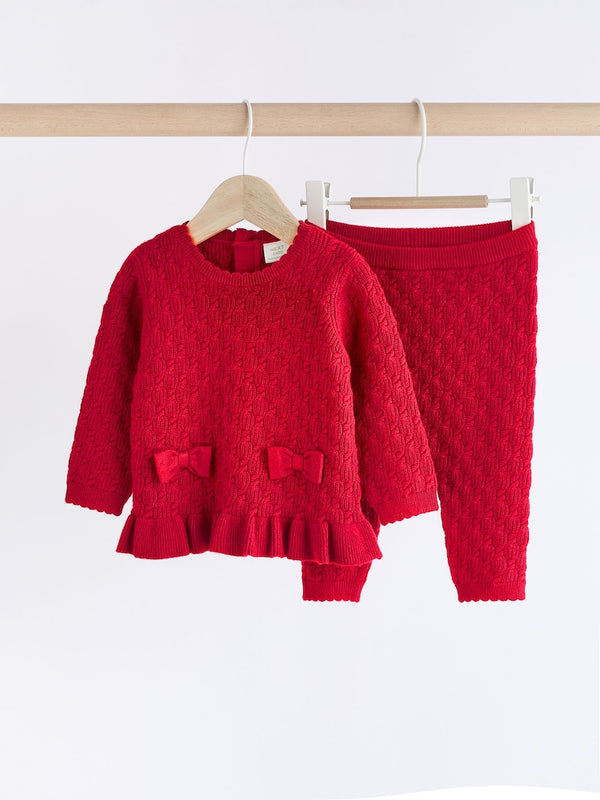 Red 3D Bows Baby Knitted 100% Cotton Jumper And Leggings Set