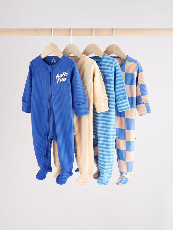 Blue Baby 100% Cotton Zipped Sleepsuits 4 Pack