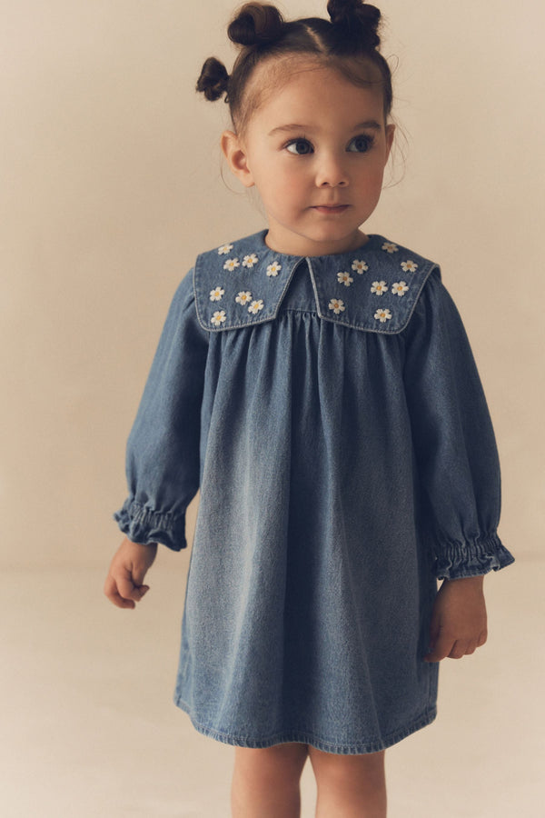 Blue Daisy 100% Cotton Denim Embroidery Collar Dress (3mths-8yrs)