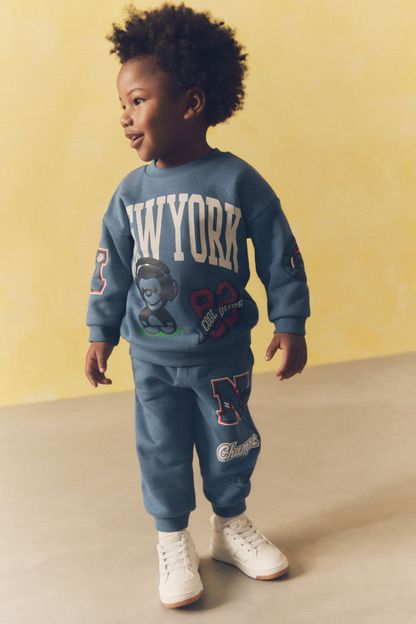 Blue New York Varsity All Over Print Crew Neck Sweatshirt and Joggers Set (3mths-7yrs)