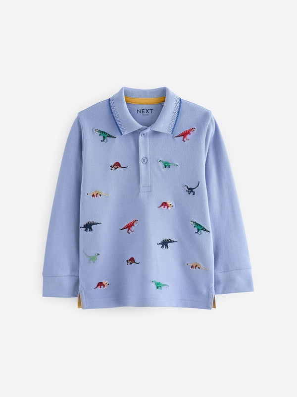 Blue Dinosaurs Long Sleeve Quarter Zip 100% Cotton All-Over Embroidered Polo Shirt (3mths-7yrs)