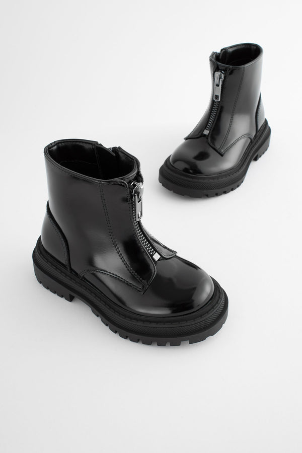 Black Patent Standard Fit (F) Zip Front Chunky Boots