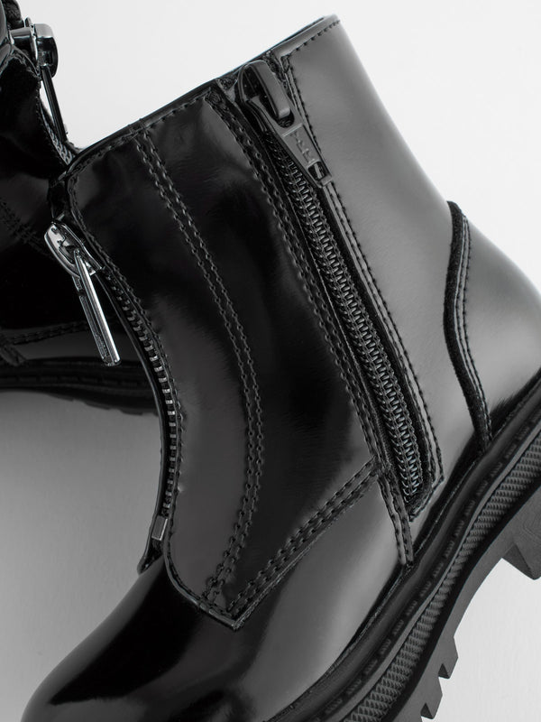 Black Patent Standard Fit (F) Zip Front Chunky Boots