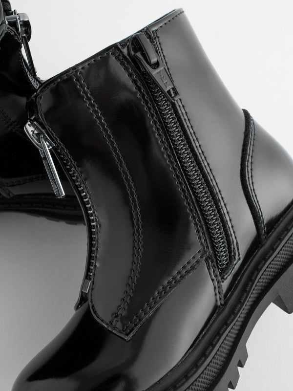 Black Patent Standard Fit (F) Zip Front Chunky Boots