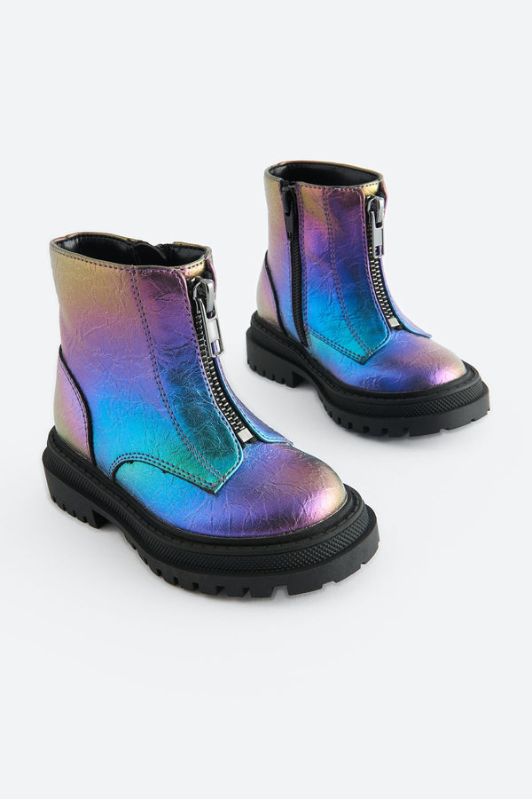 Multi Metallic Standard Fit (F) Zip Front Chunky Boots