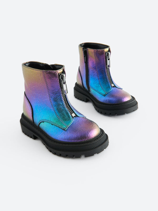 Multi Metallic Standard Fit (F) Zip Front Chunky Boots