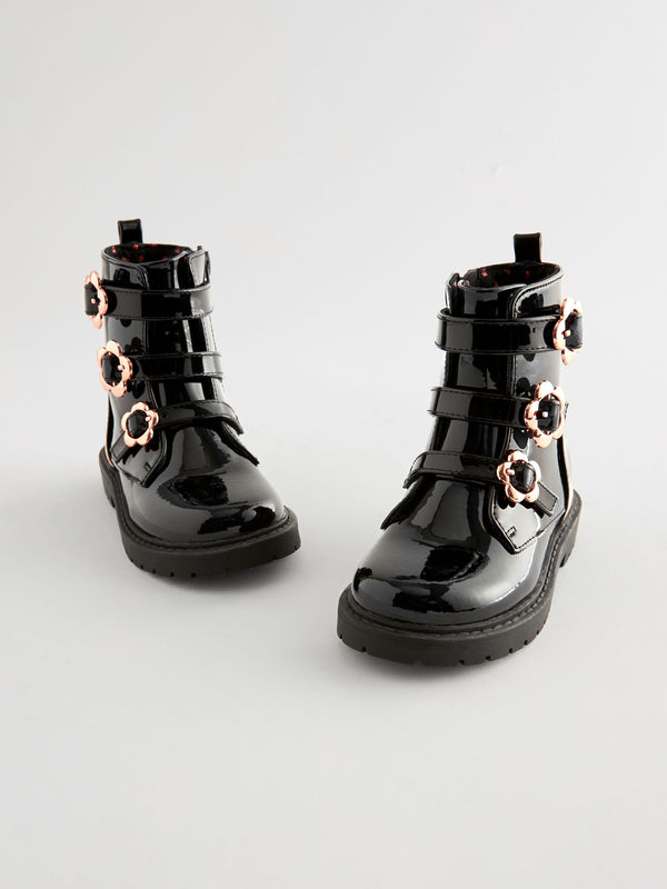 Black Patent Floral Buckle Boots