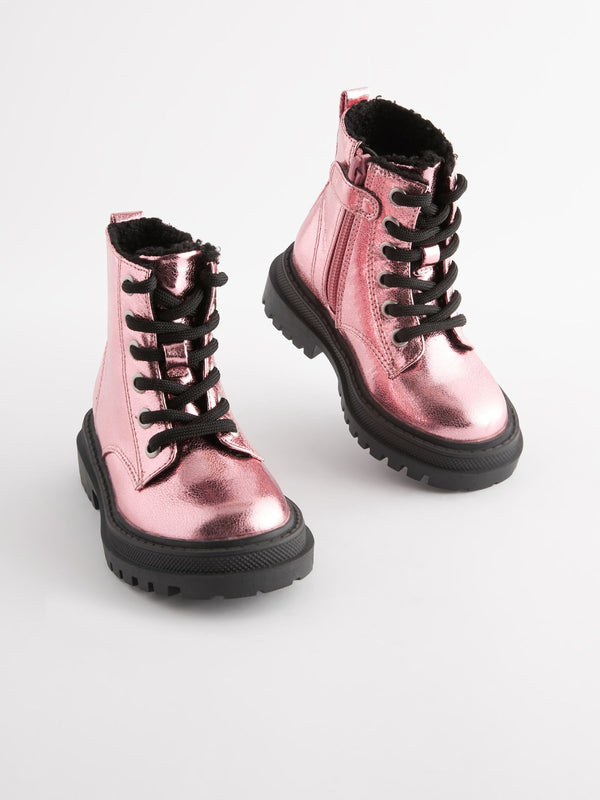 Pink Metallic Standard Fit (F) Chunky Lace-Up Ankle Boots