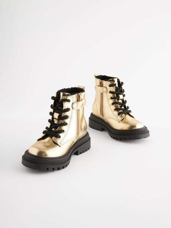 Gold Metallic Standard Fit (F) Chunky Lace-Up Ankle Boots