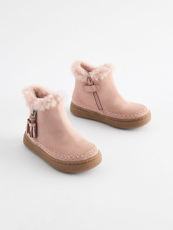 Pink Faux Fur Lined Tassel Ankle Boots