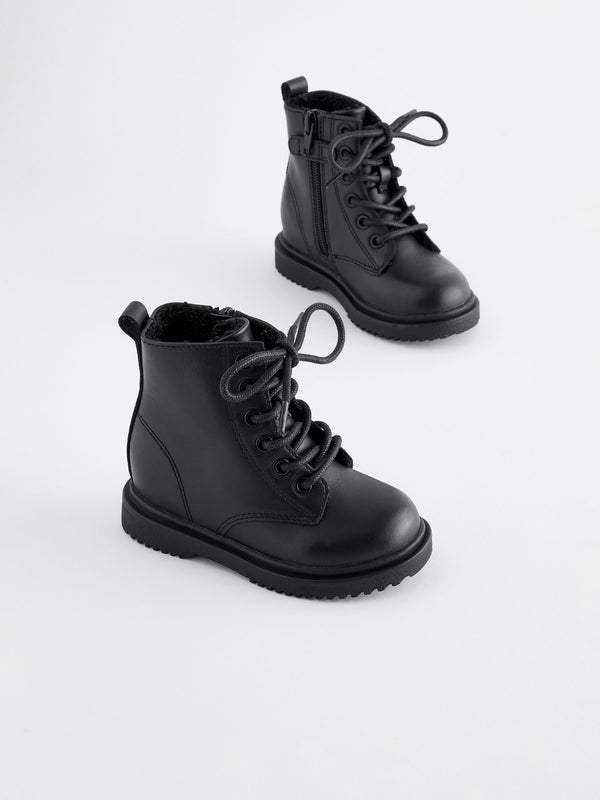 Black Leather Warm Lined Lace-Up Boots