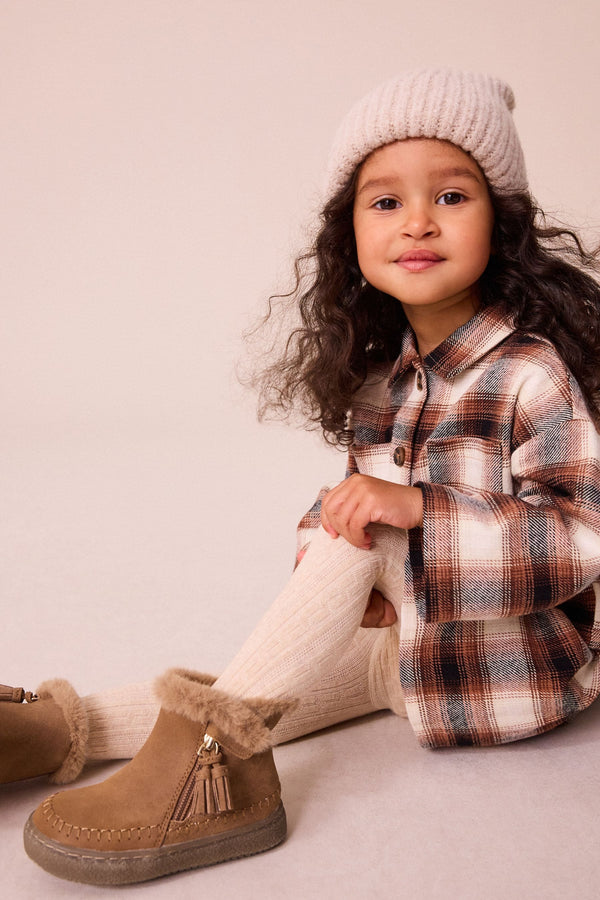 Tan Brown Faux Fur Lined Tassel Ankle Boots