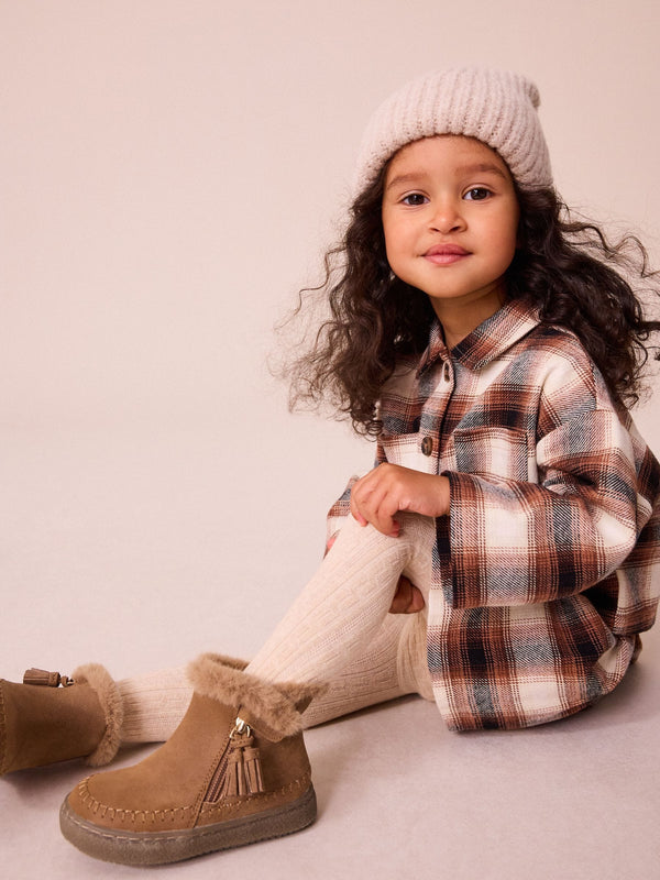 Tan Brown Faux Fur Lined Tassel Ankle Boots