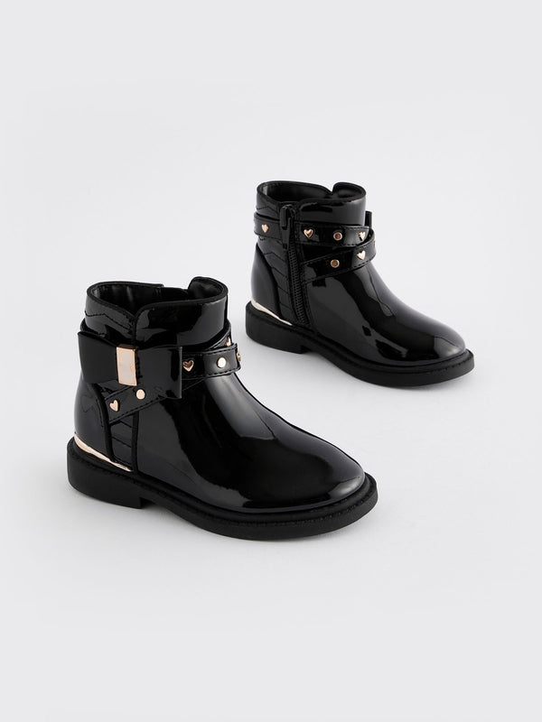 Black Patent Bow Ankle Boots