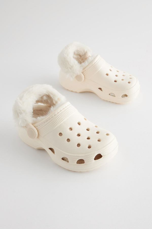 Neutral White Faux Fur Lined Clog Slippers