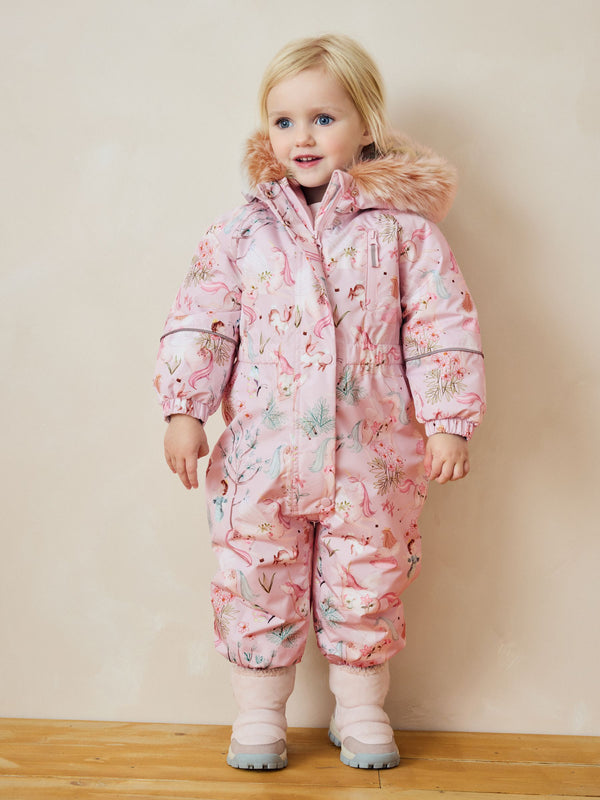 Pink Unicorn Waterproof Faux Fur Trim Printed Snowsuit (3mths-7yrs)