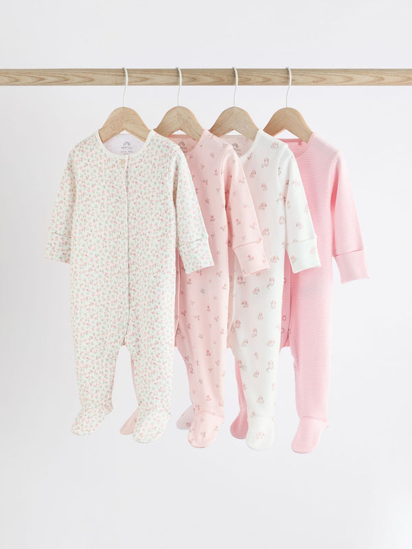 Pink 4 Pack Baby 100% Cotton Sleepsuits (0-2yrs)