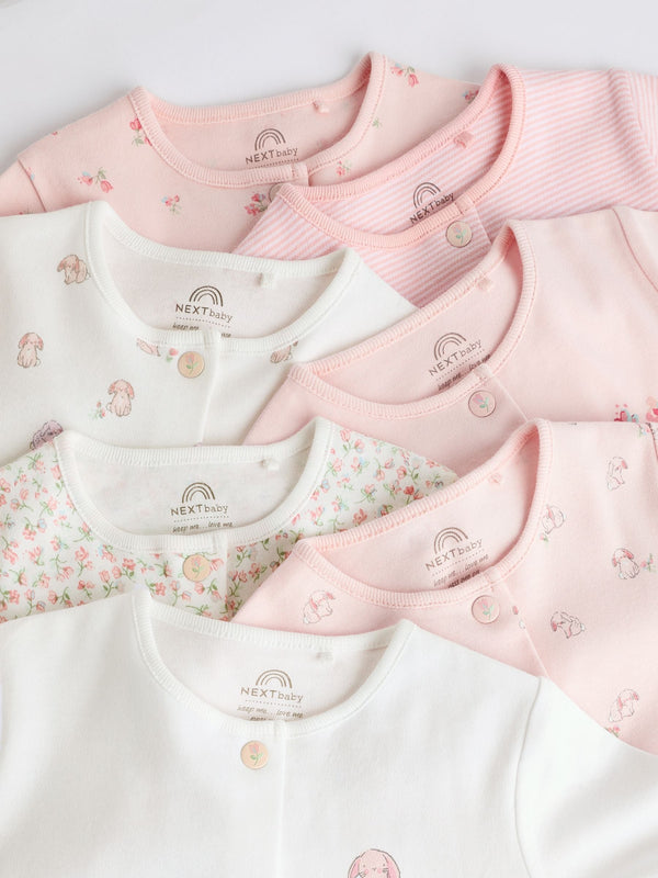 Pink 7 Pack Baby 100% Cotton Sleepsuits (0-2yrs)