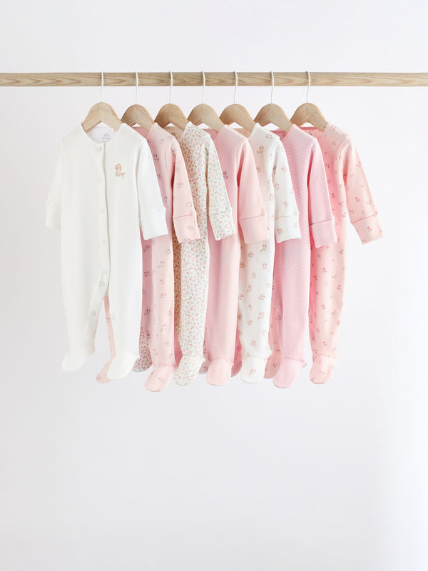 Pink 7 Pack Baby 100% Cotton Sleepsuits (0-2yrs)