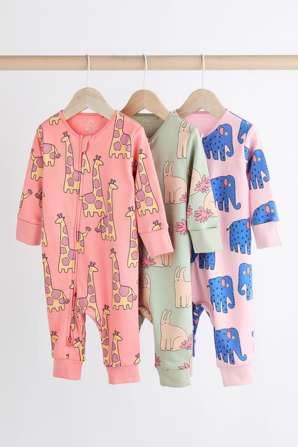 Multi Animal Baby Printed 100% Cotton Sleepsuit 3 Pack (0mths-3yrs)