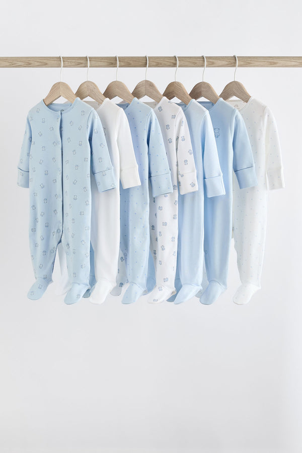 Blue 7 Pack Baby Bear Cotton Sleepsuit (0-2yrs)