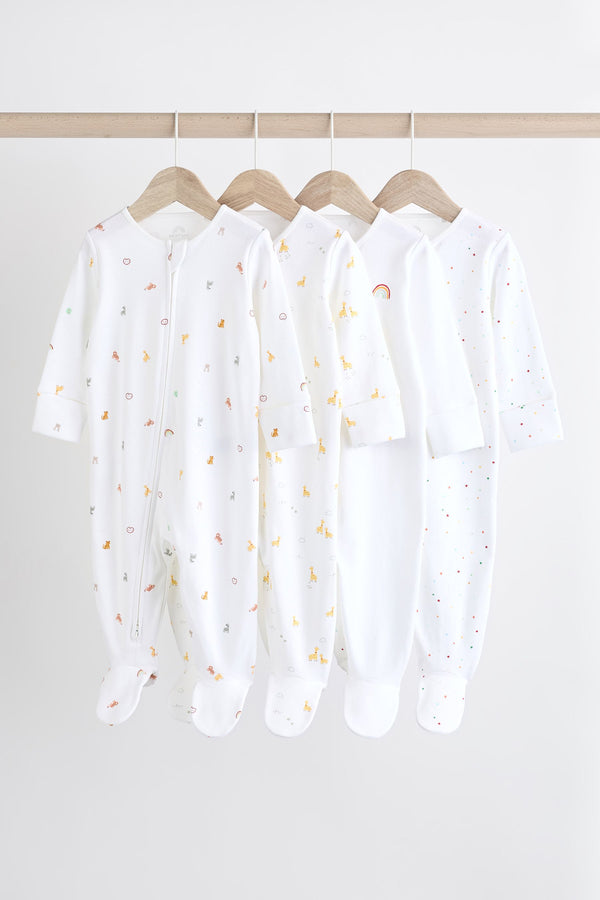 White Bright Character 4 Pack Baby 100% Cotton Sleepsuits (0-2yrs)