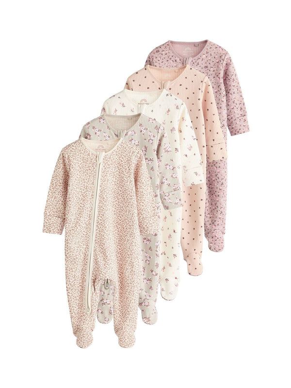 Caramel Brown 5 Pack Two Way Zip Baby Sleepsuits (0-2yrs)
