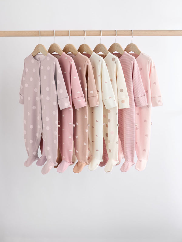 Pink 7 Pack Two Way Zip 100% Cotton Baby Sleepsuits (0mths-3yrs)