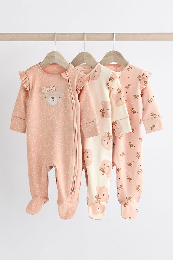 Pink Bear Character Zip Baby Sleepsuits 3 Pack (0mths-2yrs)