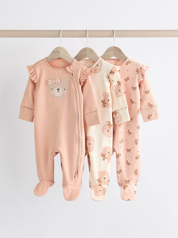 Pink Bear Two Way 100% Cotton Zip Baby Sleepsuits 3 Pack (0mths-2yrs)