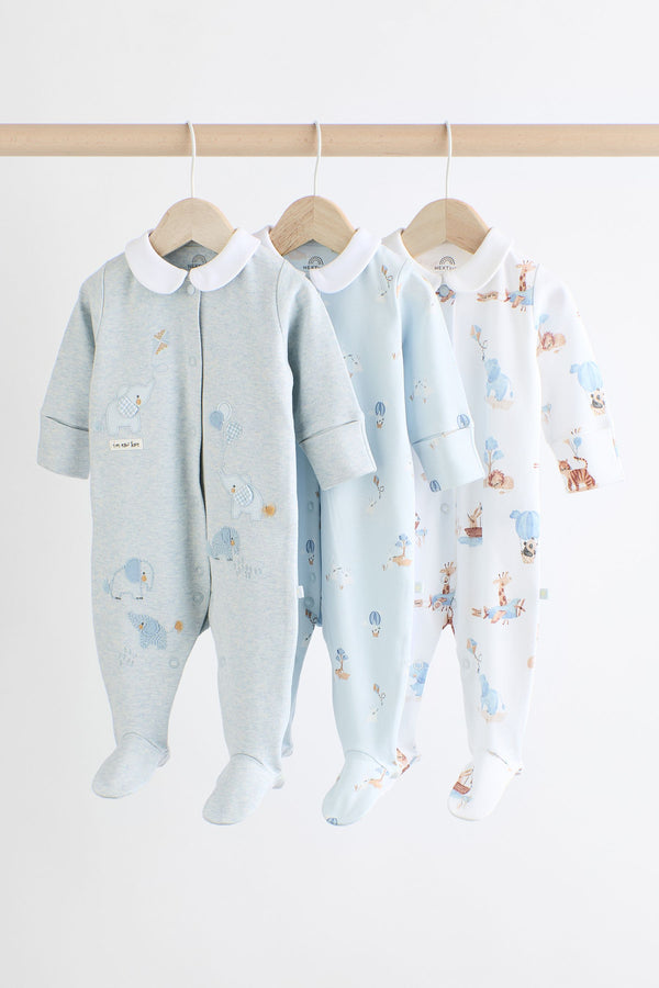 Blue Delicate Elephant Baby Sleepsuits 3 Pack (0mths-3yrs)