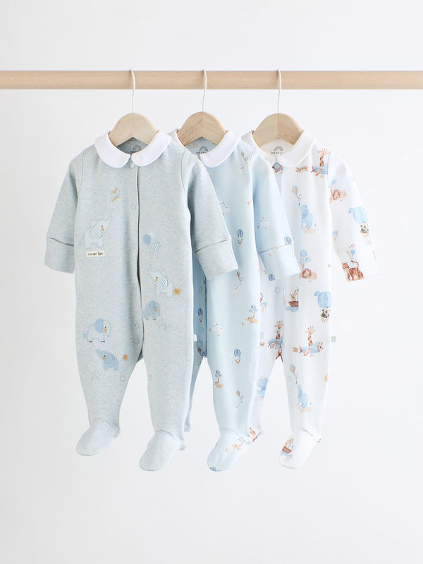 Blue Delicate Elephant Baby Embroidered Sleepsuits 3 Pack (0-2yrs)