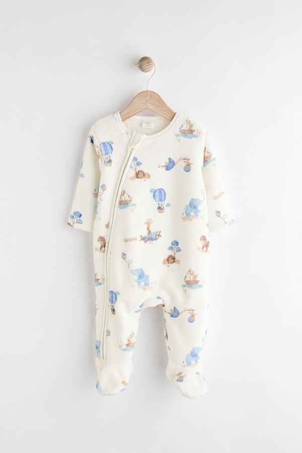 White Printed Zip Fleece Baby Sleepsuit