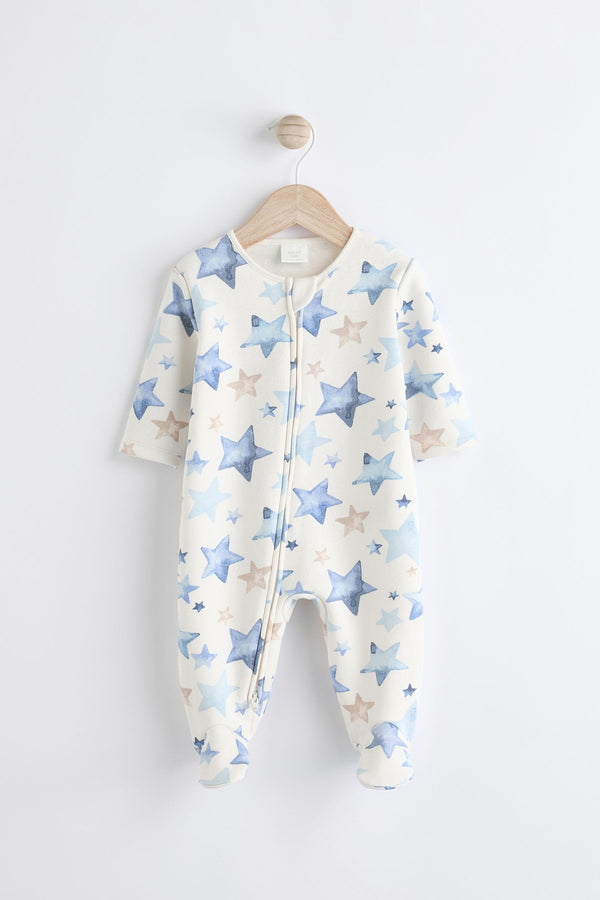 Blue/Cream Star Two Way Zip Fleece Lined Baby Sleepsuit