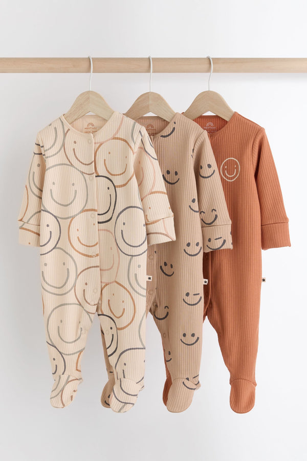 Brown Smiley Printed 3 Pack Baby Sleepsuits (0mths-2yrs)