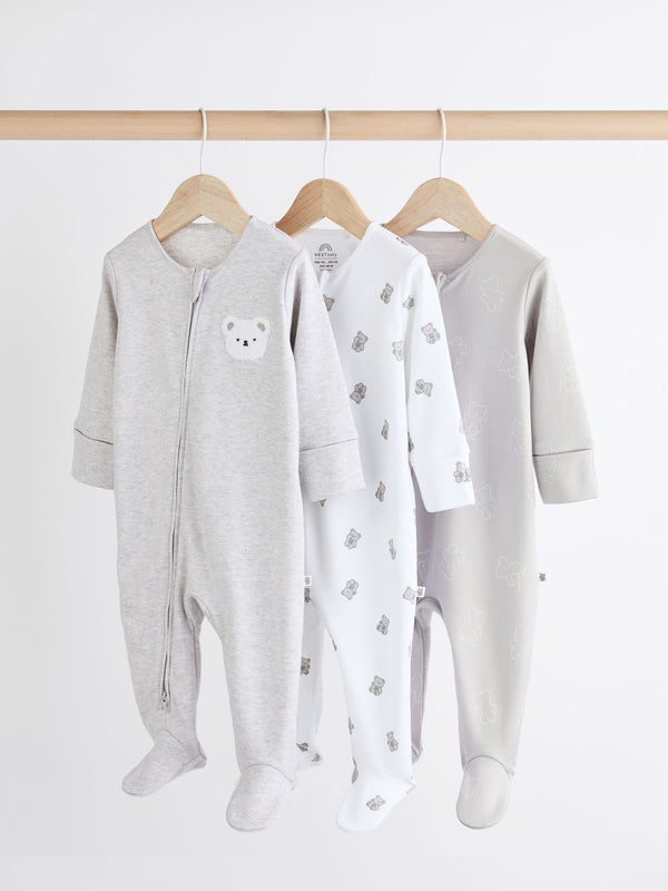Grey Baby Two Way Zip 100% Cotton Sleepsuits 3 Pack (0mths-2yrs)