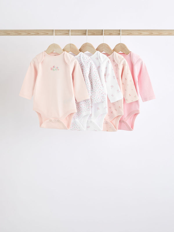 Pink Bunny 5 Pack Baby Long Sleeve 100% Cotton Bodysuits