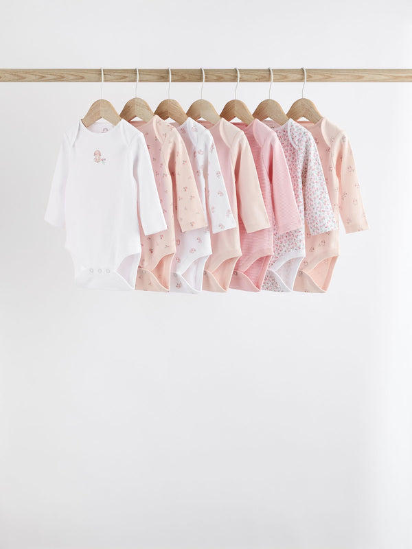 Pink Bunny 7 Pack Baby Long Sleeve 100% Cotton Bodysuits