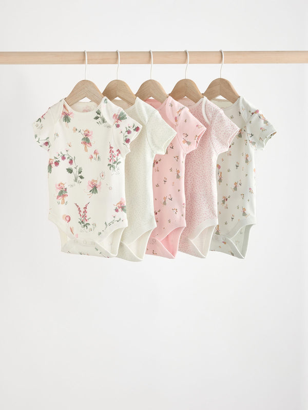 Pink & White Fairy Baby Short Sleeve 100% Cotton Bodysuits 5 Pack