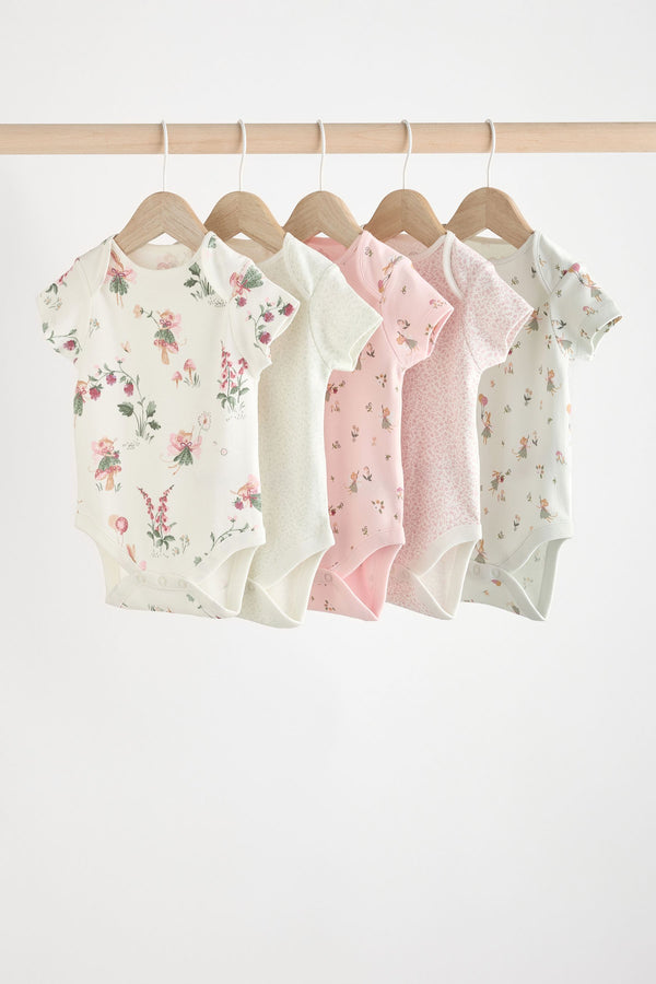 Pink & White Fairy Baby Short Sleeve Cotton Bodysuits 5 Pack